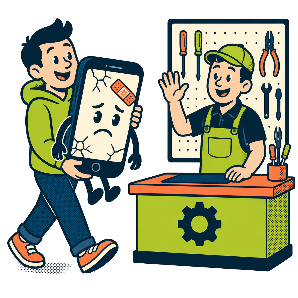 Illustrazione: un cliente porta uno smartphone con lo schermo rotto al banco di LOGO, accolto da un tecnico